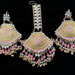 Indian jewelry, tikka, earings, pink, jagoo, punjabi jewelry